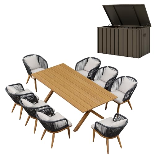 Image of PURPLE LEAF 9 Pieces Patio Dining Set with Storage Box Wicker Teak-Finish Outdoor Furniture Rectangular Table and Chairs Set for Garden Deck Backyard Kitchen, Cushions and Pillows Included