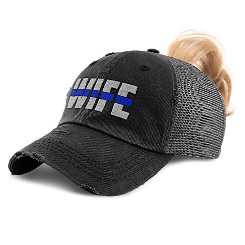 Speedy Pros Womens Ponytail Cap Wife Thin Blue Line Flag Embroidery Cotton Messy Bun Distressed Trucker Hats Strap Closure Black Design Only