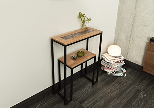 Tavolini Furniture 26" Wide Solid Oak Console Table With Metal Black Frame, Natural Brown #TOP1
