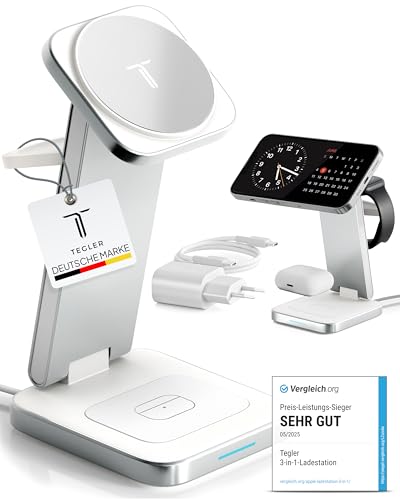 TEGLER 3-in-1 MagSafe Ladegerät – hochwertiges Aluminium – Kabelloses Ladegerät für iPhone, Apple Watch und AirPods, fal...