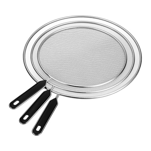 Relaxdays Coperchio Paraschizzi Padella Tapa sartén, Juego de 3 Tapas antisalpicaduras de Acero Inoxidable, φ25, Mango, Negro, 20% plástico 80%, 25, 29, 33 cm