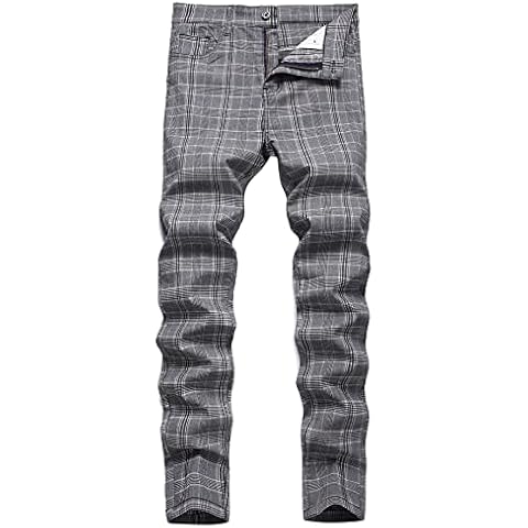 FEOYA Men's Plaid Chinos Slim Fit Checked Trousers Casual Chino Pants Stretch Straight Leg Trousers Fitted Cotton Tartan Pants Zip Fly Elastic Check Suit Trousers Spring Autumn 02 Grey 36 Inch Waist Cover