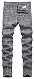 FEOYA Men's Plaid Chinos Slim Fit Checked Trousers Casual Chino Pants Stretch Straight Leg Trousers Fitted Cotton Tartan Pant Zip Fly Elastic Check Suit Trouser Spring Autumn 02 Grey 32 Inch Waist