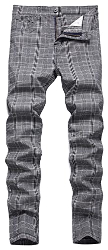 FEOYA Men's Plaid Chinos Slim Fit Checked Trousers Casual Chino Pants Stretch Straight Leg Trousers Fitted Cotton Tartan Pant Zip Fly Elastic Check Suit Trouser Spring Autumn 02 Grey 32 Inch Waist