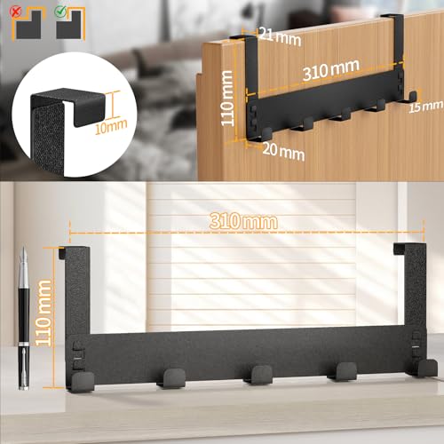 Gypie Türhaken zum Einhängen, 2 Stück Stabile Türgarderobe zum Einhängen mit 6 Haken, Metall Schwarz Matt Tür Kleiderhaken, Platzsparende Flexible Türhakenleiste mit Anti-Rutsch für Badezimmer