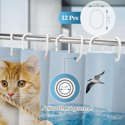 Image of Aimego Stall Small Shower Curtain - Funny Cute Cool Cat Riding Shark Ocean Wave Fun Narrow Half Fabric Cloth Shower Curtain Set for Adults Kids Bathroom Decor Accessories Bath Curtain, 36 inchx72 inch