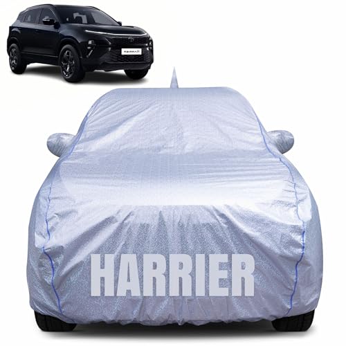 Image of 100% Waterproof Car Body Cover for Tata Harrier with Mirror Pocket, Heat & UV Resistant, Triple Stitched, Soft Lining, Bottom Elastic & Piping (Silver Reflective)