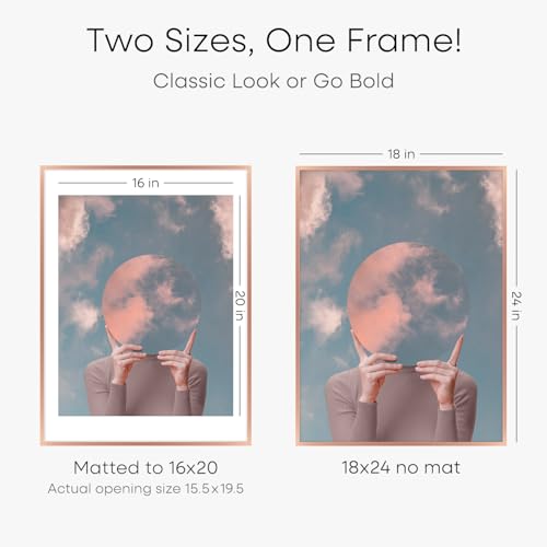 Image of Homeforia 18x24 Frame Rose Gold, High End Metal 18x24 Poster Frames with Mat 16x20 inch Photo, 18 x 24 Rose Gold Picture Frame Matted to 16 by 20 Print, 24x18 Frame, Tempered Glass, Wall Kit, Set of 2