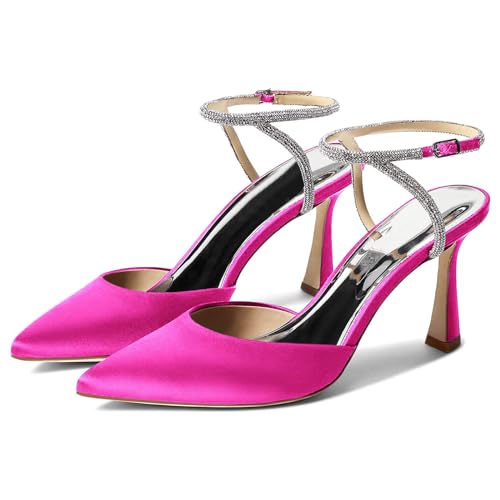 Image of Coutgo Women Rhinestone Heels Kitten High Satin Pumps Pointed Toe Sparkly Sexy Wedding Dress Shoes