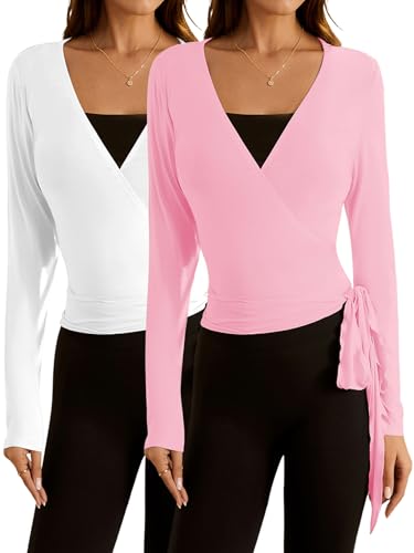 SweatyRocks Women's Y2k Pilates Wrap Tops Ballet Yoga Coquette Shirt Cute Long Sleeve Workout Activewear