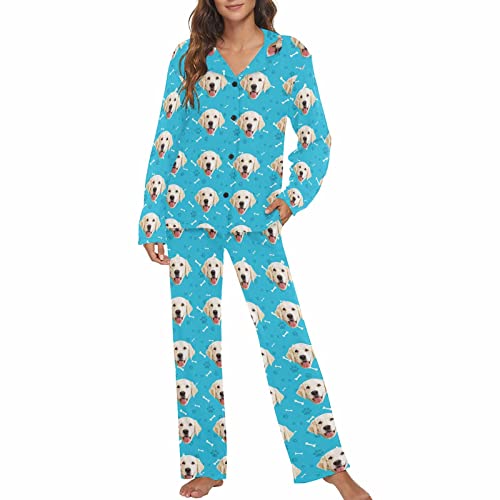 MyPupSocks Custom Pet Face Pajamas for Women Set, Dog Bone Paw Print Blue Personalized Photo Pajamas Sleepwear with Long Sleeve for Mom Mother's Day Birthday X