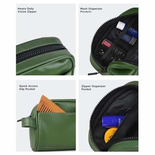 Image of COUNSELOR Toiletry Bag for Men & Women, Vegan Leather Toiletry Organizer, Shaving Kit Bag & Grooming, Travel Toiletry Pouch with Handle, Multiple Compartment, Unisex Travel Organizer Swift (Green)