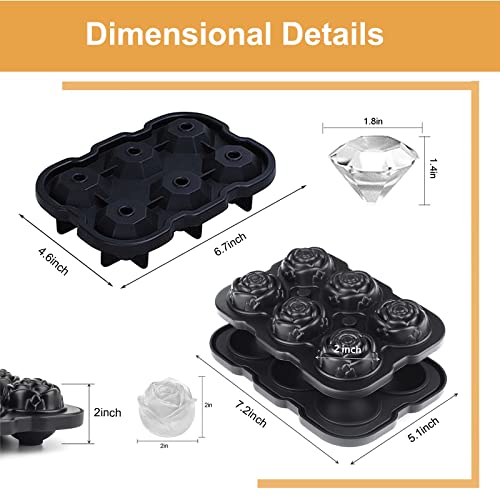 Ice Cube Trays Set Of 2, Silicone Rose Ice Ball Mold & Diamond Ice Cube Mold With Lid, Reusable Ice Cube Maker For Keeping Whiskey, Cocktails And Homemade Chilled, Black #TOP2