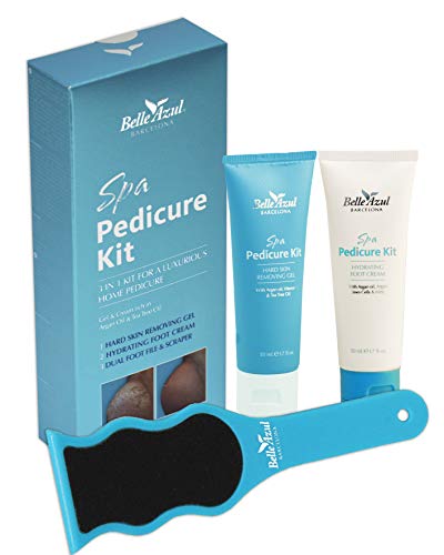 Belle Azul 3-in-1 spa-pedicureset voor zijdezachte voeten, inclusief eelt verwijderende gel, hydraterende voetcrème van arganolie en dubbelzijdig voetvijl (2 x 50 ml).