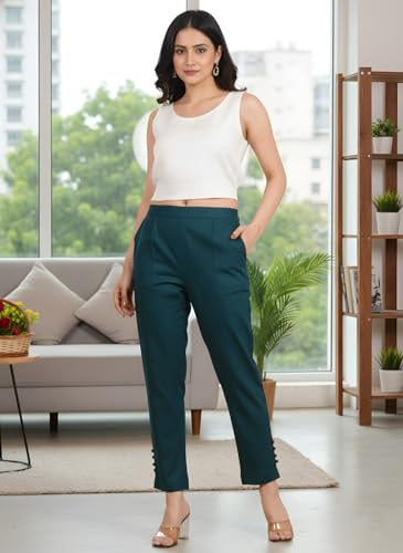Image of Yash Gallery Women's Regular Fit Mid Rise Solid Lycra Trouser Regular Pants