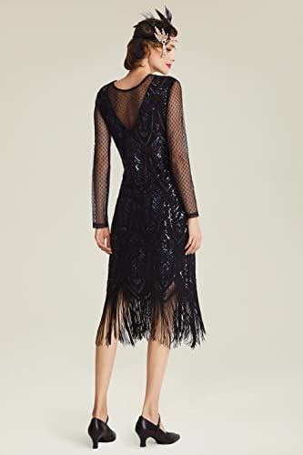 BABEYOND Women's Gatsby Flapper Dress - 1920s Long Sleeves Sequin Beaded Dress for Party Black2
