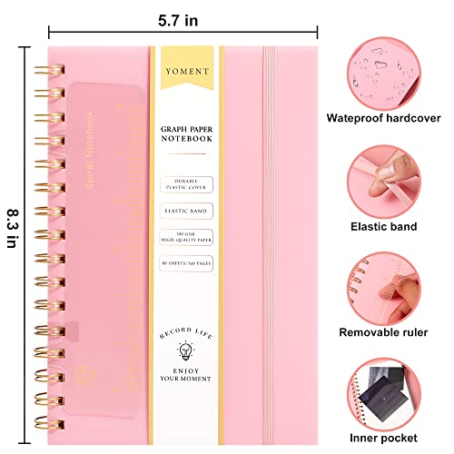 Yoment Graph Paper Spiral Notebook A5 Graphing Notebook 160 Pages Graph Paper Notebook Spiral Bound Waterproof Plastic Hardcover Spiral Journal 5X7 Grid Notebooks For Note Taking,Pink #TOP3