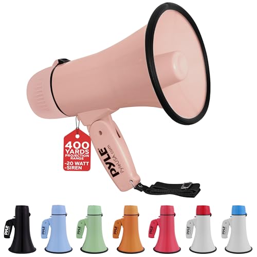 Pyle Megafone Bullhorn de 20 W - portátil, sirene automática e volume ajustável, alcance de projeção de até 400 jardas quadradas, entrada auxiliar, talk, sirene, música, apito e gravação, alça de