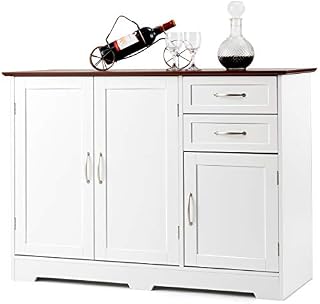 TANGZON Sideboard Storage Cabinet, Wooden Kitchen Cupboard with 3 Doors, 2 Drawers & Adjustable Shelf, Buffet Cabinet Organiser for Dining Living Room, 110 x 40 x 78cm (White + Brown)