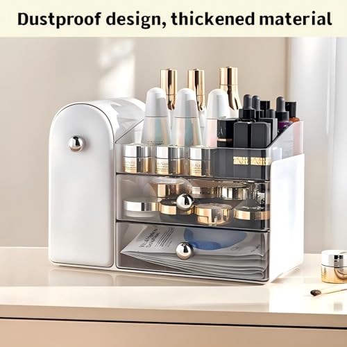 Image of Makeup Organizer for Vanity with Covered Brush Holder,Bathroom Organizers with Drawer,Skin Care Organizer,Makeup Organizers for Vanity with Drawer,Large Makeup Storage for Dresser, White