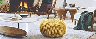 YORKSHIRE HOMEWARE Large 100% Cotton Chunky Knitted Round Pouffe Handmade Bean Filled Home Living Room Children Foot Stool Ottoman (Ochre)