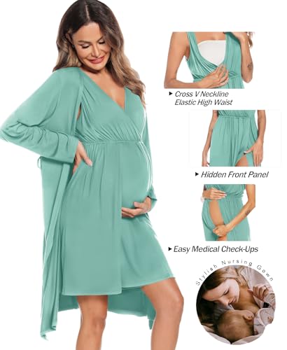 Image of SWOMOG Women Maternity Nursing Gown and Robe Set 3 in 1 Labor Delivery Nursing Nightgown for Breastfeeding Hospital Bathrobe