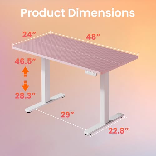 Image of HUANUO Electric Standing Desk,48 inch x 24 inch Height Adjustable Desk, 4 Memory Height Settings, Sit to Stand Up Desk for Home Office, with Headphone Hook, Cable Manager, Pink