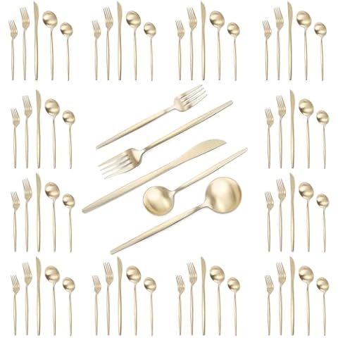 VANVRO Matte Champagne Gold Silverware Set, 60-Piece Stainless Steel Flatware set, Service for 12, Tableware Cutlery Set, Satin Finish,Utensils for Kitchen, Dishwasher Safe Cover