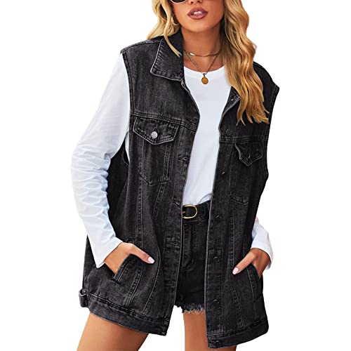 Image of FindThy Women’s Vintage Denim Jean Vest Oversized Button Down Jean Waistcoat Gilet
