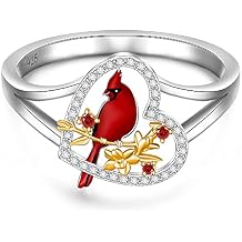 Fenthring Red Cardinal Ring S925 Sterling Silver Cardinal Jewelry Heart Bird Inspirational Rings for Women Memorial Gifts for Loved One Size 6 7 8 9 10