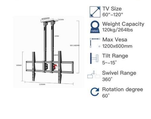 Image of AUDIOVAN Heavy Duty Ceiling Mount for 65 inch- 120 inch Interactive Panels, Dual Pole Wall & Ceiling Stand, Max VESA 1200x600mm,100kg Load Capacity,Height Adjustable, ±45 Tilt (Fixed Ceiling Mount DHC-1260)