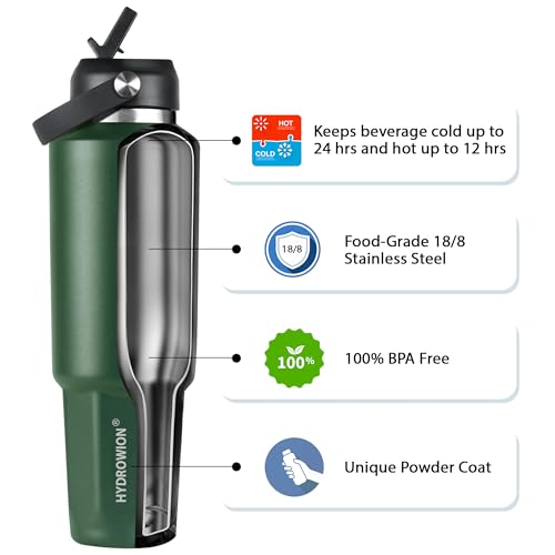 Image of HYDROWION 32 oz Insulated Water Bottle, Car Water Bottle Holder - Double Wall Vacuum Insulated Travel Bottle with Straw Lid, Spout Lid and Flex Cap - Cold for 24H, Hot for 12H, Olive