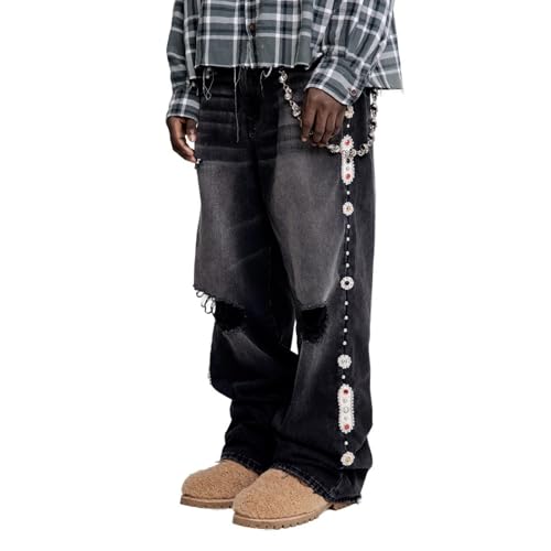 Rhinestone Jeans Men Baggy Y2K Ripped Bedazzled Denim Pants Wide