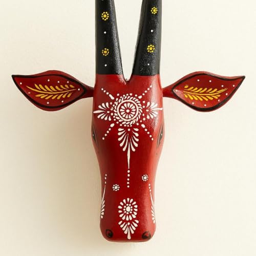 Image of SHREE 'O' GREEN TECH Handcrafted Red Cow Head Wall Decor Wooden Animal Face Art for Home Entrance, Living Room, Pooja Room Tribal Ethnic Wall Hanging for Modern and Traditional Interiors