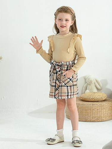 Image of Weixinbuy Toddler Girl Fall Winter Clothes Solid Long Sleeve Ribbed T-Shirt Knit Tops Plaid Button Mini Skirts Set Outfits