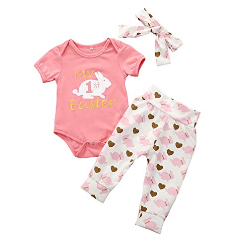 Newborn Baby Girl Easter Outfits My First Easter Pajamas Short Sleeve Romper+Long Pants+Headband 3Pcs Baby Girl Easter Clothes Set (Pink A, 0-3 Months)
