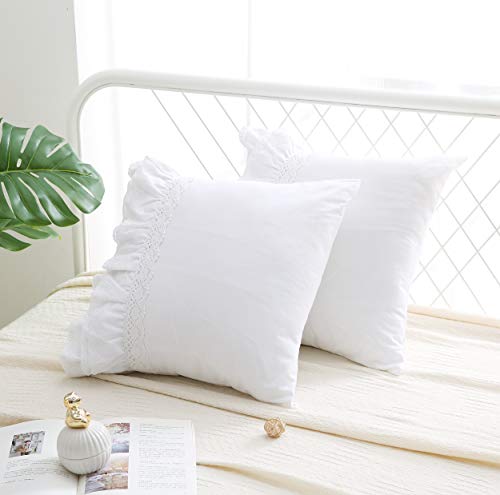 White Lace Square Pillow Covers Euro Shams with Ruffles Cotton 18"X18" 2-Pack Zipper Closure Luxury Elegant
