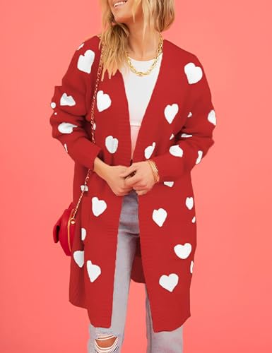 Image of Wyeysyt Women Valentines Day Love Heart Cardigans Sweaters Open Front Long Chunky Casual Knit Pocketed Cardigan Sweaters(Red-XL)