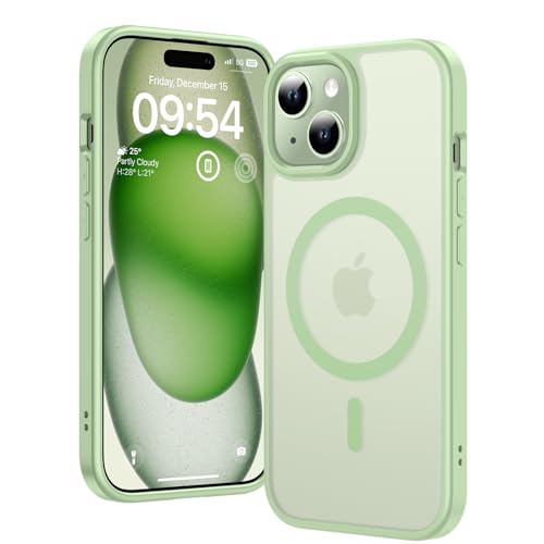 TAURI for iPhone 15 Case 6.1" with Translucent Matte Back, Compatible with MagSafe, Military-Grade Protection, [Anti-Fingerprint] Shockproof Frosted Magnetic Phone Cover - LightGreen