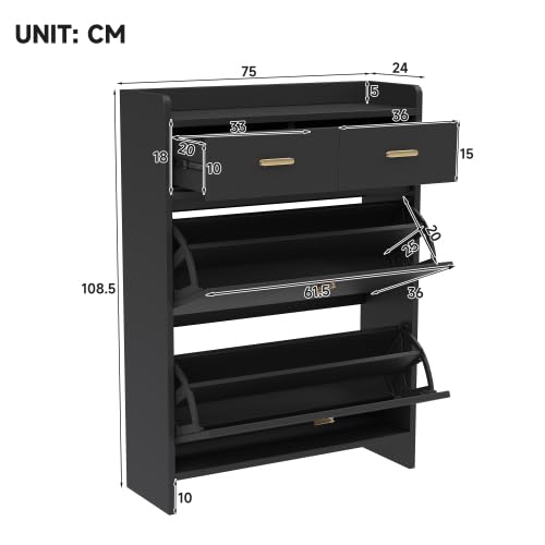 Scarpiera 75 cm nero, 2 ribaltabili, 1 cassetto, design moderno