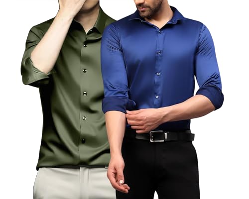 Image of DEELMO Combo of Men's Stylish Solid Satin Casual Shirt for Men Full Sleeves| Poly Satin Silk Shirt Pack of 2