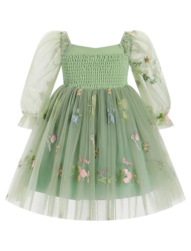 IMEKIS Flower Girl Dress Toddler Tulle Dress: 1st 2nd Birthday Outfit Smash Cake Photoshoot Baby Pageant Formal Wedding Guest Party Winter Long Sleeve Kids Easter Dress Sage Green Floral 12-18 Months - Thumbnail 3