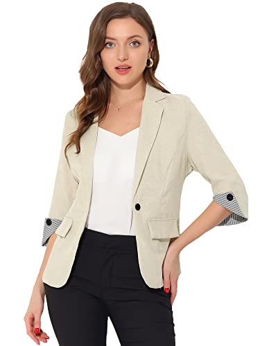 Allegra K Women's Suit Jacket Notched Lapel Collar 3/4 Sleeve Button Front Work Formal Blazer