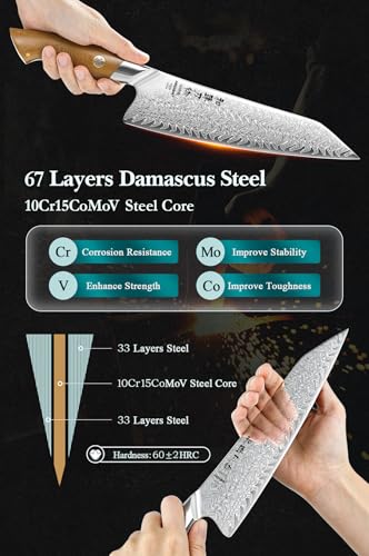 HEZHEN Damascus Chef Knife, 8.5 Inches, 67 Layers Damascus Steel Knife, Professional Japanese Kitchen Knife for Chefs and Home Cooking, Ultra-Sharp Blade,Micarta Handle - Image 2