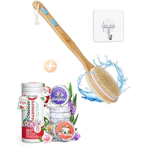 POPCHOSE 8 Scents Bath Bomb Shower Tablets and Shower Brush with Long Wooden Handle Cover