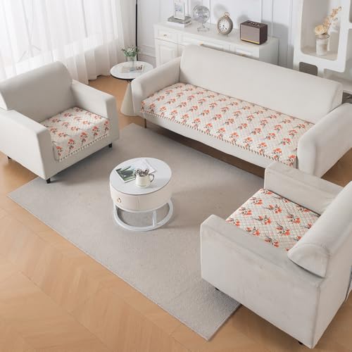 Image of HOKIPO Autumn Blossom Quilted Sofa Cover 5 Seater Set - Washable 3+1+1 Sofa Cover Mat with Tassel Design | 'Tassel Twigs' Series (IN-985-T5 + IN-982-T5*2)