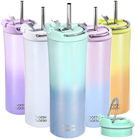 bottlebottle BOTTLE BOTTLE Insulated Coffee Tumblers with Dual-use Lid and Straw Double Walled Iced Travel Coffee Mug for Woman and Man 18 oz Stainless Steel Tumbler with Handle(Green Blue