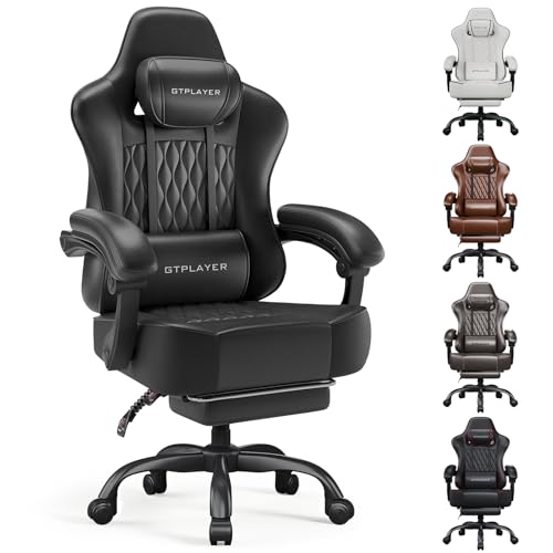 GTPLAYER Big and Tall Gaming Chair with Footrest, Ergonomic Office Desk Chair with 4.4in Thick Cushion and Wide Wingless Seat, Comfortable Leather Computer Chair, Predator Series, Black