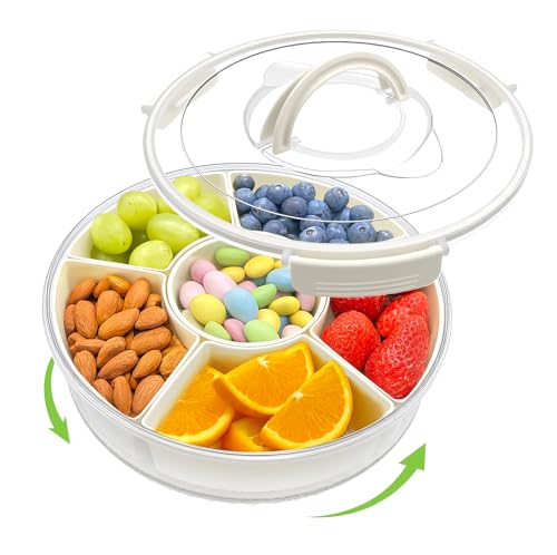 Minfuerang Porta Snack 6 Posti Rotondo-Ø30x10cm- 360° Contenitore Rotante per Snack,Grande Organizer con Coperchio e Manico per Frutta, Dolci,Frutta Secca,Feste e Picnic