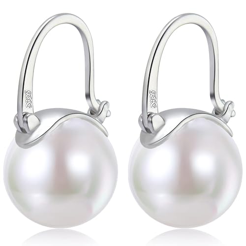 Elegant 925 Sterling Silver Pearl Drop Earrings for Women, 14K Gold Plated Dangle Stud Earrings, Hypoallergenic Large Pearl Hoop Earring dangling 12mm